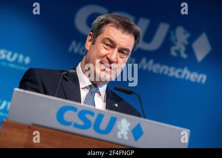 München, Deutschland. März 2021, 21st. Markus Söder (CSU), Parteivorsitzender und Ministerpräsident Bayerns, spricht bei einer Pressekonferenz im Parteibüro der CSU. Thema der Pressekonferenz sind die Konsequenzen, die die Partei aus der Maskenaffäre ziehen wird. Quelle: Matthias Balk/dpa/Alamy Live News Stockfoto