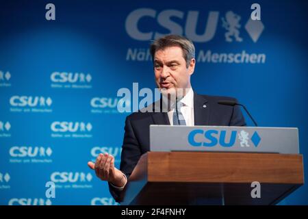 München, Deutschland. März 2021, 21st. Markus Söder (CSU), Parteivorsitzender und Ministerpräsident Bayerns, spricht bei einer Pressekonferenz im Parteibüro der CSU. Thema der Pressekonferenz sind die Konsequenzen, die die Partei aus der Maskenaffäre ziehen wird. Quelle: Matthias Balk/dpa/Alamy Live News Stockfoto