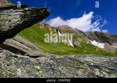 Bergwiese, Geröllfeld, Wasserfall, am Glockner Stausee, Kärnten, Österreich Stockfoto