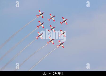Formationsflug, Schweizer Kunstflugstaffel Patrouille Suisse, Schweizer Luftwaffe, Rapperswil, Kanton St. Gallen, Schweiz Stockfoto