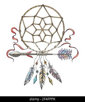 Handgezeichnete bunte Illustration von Traumfänger und indianerpfeil. Tribal Tattoo isoliert auf weiß. Vektorgrafik. Stock Vektor