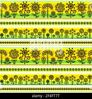 Nahtloses Muster mit dekorativen Blüten in Frühlingsfarben. Dekorative stilisierte Blumen schaffen durchbrochene Spitze auf gelben, grünen und orangen Streifen. Stock Vektor
