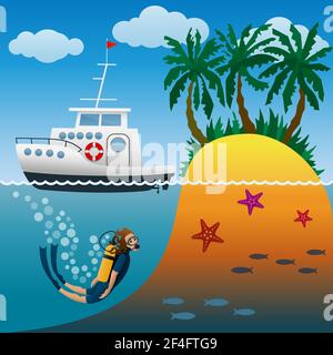 Weiße Kreuzfahrt-Yacht in RAID in der Nähe der tropischen Insel mit Palmen.Tauchen unter Wasser. Tauchen im offenen Meer. Sommerurlaub am Strand. vektor Stock Vektor