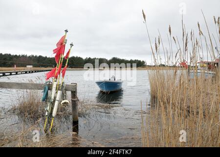 Prerow, Deutschland. März 2021, 16th. Fischerboote werden im Nothafen Darßer Ort in der Kernzone des Nationalparks Vorpommersche Boddenlandschaft vertäut. Quelle: Bernd Wüstneck/dpa-Zentralbild/ZB/dpa/Alamy Live News Stockfoto