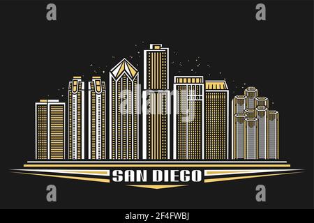 Vektor-Illustration von San Diego City, horizontales Plakat mit Umriss-Design beleuchtet amerikanischen Stadtbild, Urban Line Art Konzept mit dekorativen f Stock Vektor