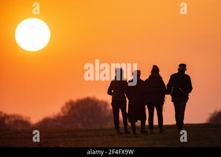 Vier Freunde verbinden die Arme und gehen unter einem untersetzten Sohn In einem Londoner Park Stockfoto
