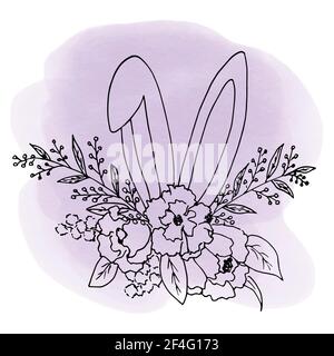 Skizze eines Osterstraußes aus Blumen und Blättern mit hervorstehenden Ohren eines Hasen. Vektorgrafik im Stil von Strichgrafiken handgezeichnet isolieren die Stock Vektor