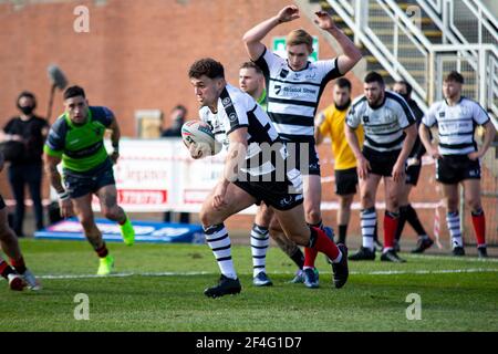 Llanelli, Großbritannien. März 2021, 21st. Jack Owens von Widnes Vikings in Aktion Betfred Challenge Cup, Round One Match, West Wales Raiders gegen Widnes Vikings im Stebonheath Park in Llanelli, Wales am Sonntag, 21st. März 2021. Dieses Bild darf nur für redaktionelle Zwecke verwendet werden. Nur redaktionelle Verwendung, Lizenz für kommerzielle Nutzung erforderlich. Keine Verwendung in Wetten, Spiele oder ein einzelner Club / Liga / Spieler Publikationen. PIC von Lewis Mitchell / Andrew Orchard Sport Fotografie / Alamy Live News Kredit: Andrew Orchard Sport Fotografie / Alamy Live News Stockfoto