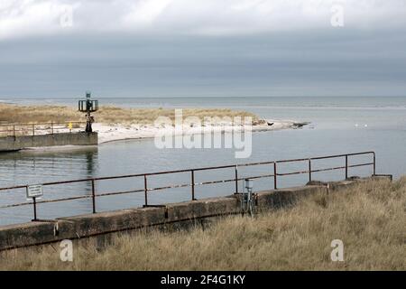 Prerow, Deutschland. März 2021, 16th. Die Zufahrtsstraße zum Nothafen Darßer Ort in der Kernzone des Nationalparks Vorpommersche Boddenlandschaft. Quelle: Bernd Wüstneck/dpa-Zentralbild/ZB/dpa/Alamy Live News Stockfoto