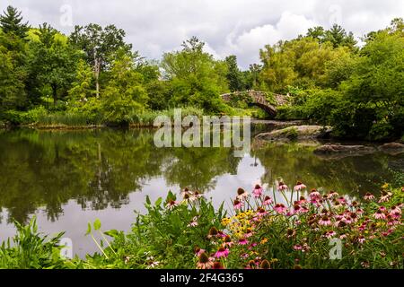 Bunte Blumen am Teich bei der Gapstow Brücke in Central Parken Stockfoto