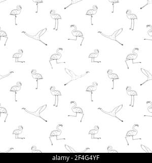 Nahtlose Wiederholung skizzieren Cartoon Doodle Flamingos Muster auf weißem Hintergrund isoliert. Nette Vektortiere sind aktiv, tanzen, fliegen, schlafen, ruhen, drea Stock Vektor