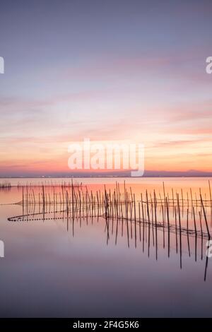 Fischernetze am See La Albufera, Valencia, Spanien, bei Sonnenuntergang. Stockfoto