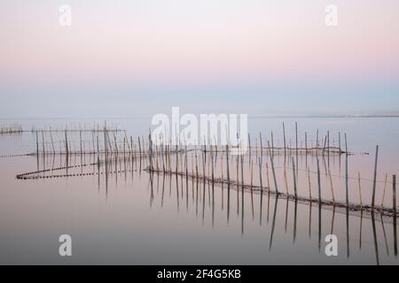 Fischernetze am See La Albufera, Valencia, Spanien, bei Sonnenuntergang. Stockfoto