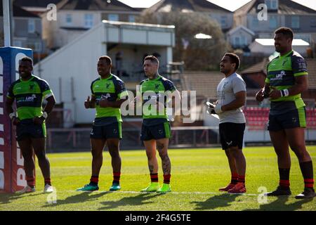 Llanelli, Großbritannien. März 2021, 21st. Rangi Chase of West Wales Raiders (C) posiert beim Vollzeit-Betfred Challenge Cup, Runde eins, West Wales Raiders gegen Widnes Vikings im Stebonheath Park in Llanelli, Wales am Sonntag, 21st. März 2021. Dieses Bild darf nur für redaktionelle Zwecke verwendet werden. Nur redaktionelle Verwendung, Lizenz für kommerzielle Nutzung erforderlich. Keine Verwendung in Wetten, Spiele oder ein einzelner Club / Liga / Spieler Publikationen. PIC von Lewis Mitchell / Andrew Orchard Sport Fotografie / Alamy Live News Kredit: Andrew Orchard Sport Fotografie / Alamy Live News Stockfoto