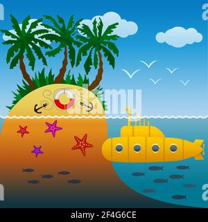 Gelbes U-Boot, das in der Nähe einer tropischen Insel mit Palmen segelt. Die unbewohnte Insel. Sommerurlaub am Strand. Cartoon-Stil. Stock Vektor