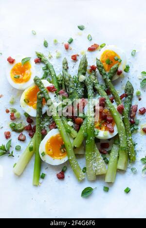 Spargel, pochiertes Ei, Speck, Kräuter isoliert auf weißem Hintergrund. Direkt darüber. Stockfoto