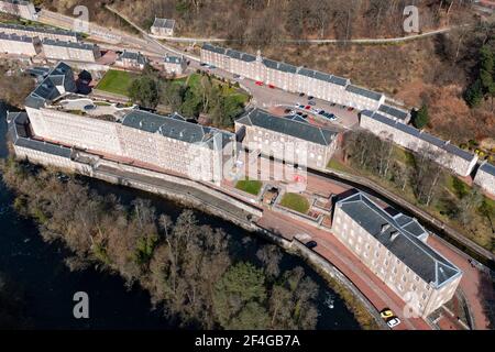 Luftaufnahme des Naturschutzdorfes von New Lanark in Lanark, South Lanarkshire, Schottland, Großbritannien Stockfoto