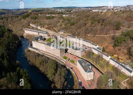 Luftaufnahme des Naturschutzdorfes von New Lanark in Lanark, South Lanarkshire, Schottland, Großbritannien Stockfoto