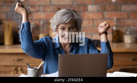 Aufgeregt reife Dame schreien Erfolg beim Lernen Computer-App zu erreichen Stockfoto
