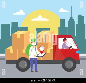 Lieferung Männer Karton Boxen LKW Stock Vektor