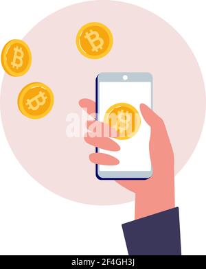 Mobile Bitcoin Geldbörse in der Hand. Blockchain-Technologien, digitaler Geldmarkt, Kryptowährung Wallet. Vektorgrafik im flachen Stil Stock Vektor