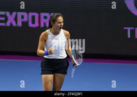 Daria Kasatkina von Russland spielt gegen Margarita Gasparyan von Russland während der St.Petersburg Ladies Trophy 2021 Tennisturnier in Sibur Arena. Endergebnis: (Daria Kasatkina 2-0 Margarita Gasparyan) Stockfoto