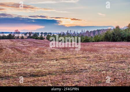 Frühe Frühlingslandschaft mit Sonnenuntergang über dem See Stockfoto