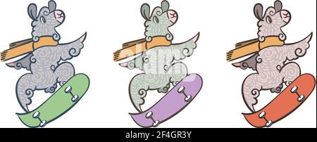 Set aus einem niedlichen, lockigen Lamas reitet ein Skateboard. Ilustration in verschiedenen Farben für Malvorlagen, Drucke für Kinder und Erwachsene, Sport, hea Stock Vektor
