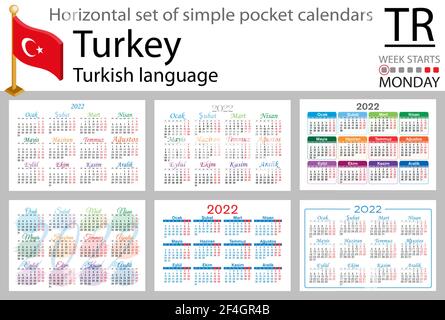 Türkische horizontale Taschenkalender für 2022 (zweitausend zweiundzwanzig). Woche beginnt Montag. Neues Jahr. Farbe einfaches Design. Vektor Stock Vektor