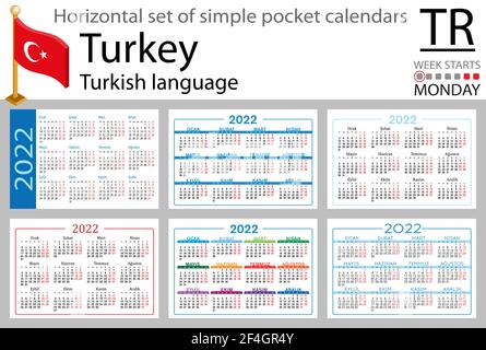 Türkische horizontale Taschenkalender für 2022 (zweitausend zweiundzwanzig). Woche beginnt Montag. Neues Jahr. Farbe einfaches Design. Vektor Stock Vektor
