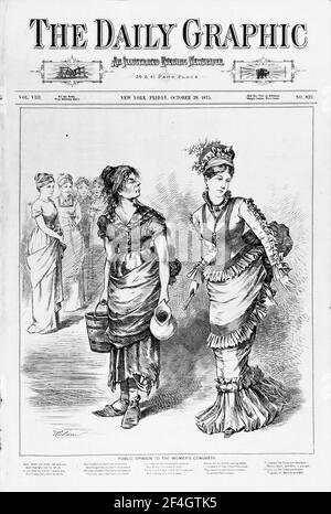 Cover Illustration aus dem Daily Graphic, die die privilegierte Figur eines Frauenkongressmitglieds mit einer "arbeitenden Frau" kontrastiert, die sie zu vertreten behaupteten, veröffentlicht in New York für den amerikanischen Markt, 1875. Fotografie von Emilia van Beugen. () Stockfoto