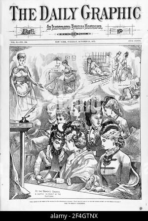 Cover Illustration aus The Daily Graphic, das den ersten Frauenkongress als privilegierte Sozialiten darstellt, die von den "arbeitenden Frauen" und "Ausgestoßenen", die sie zu vertreten behaupteten, entfernt werden, veröffentlicht in New York für den amerikanischen Markt, 1873. Fotografie von Emilia van Beugen. () Stockfoto