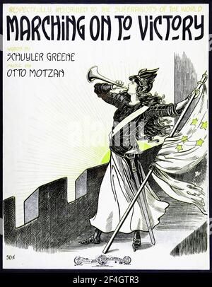 Werbeplakat oder Notencover für den Song 'Marching On To Victory' mit Caroline Watts' ikonischem 'Bugler Girl' oder 'Clarion Girl'-Bild, gedruckt für den amerikanischen Markt, 1900. Fotografie von Emilia van Beugen. () Stockfoto