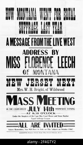 Plakat für eine Wahlversammlung, mit Referenten Florence Leech und Frau WH Bright, gedruckt im Cape May Court House, New Jersey, von Gazette Power Print, für den amerikanischen Markt, Juli 1915. Fotografie von Emilia van Beugen. () Stockfoto