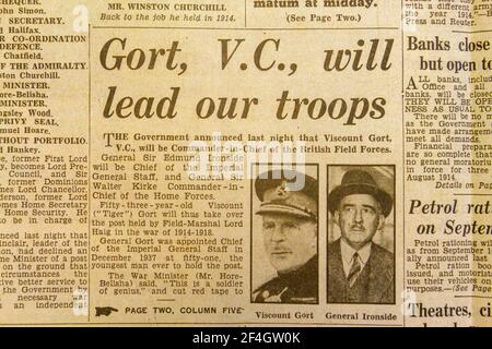 „Gort, VC, will Lead our Trupps“ Headline in The Daily Express (Replik), 4. September 1939, am Tag nach der Erklärung des Zweiten Weltkriegs. Stockfoto