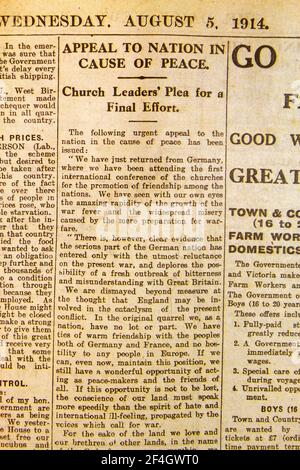 „Appell an die Nation für den Frieden“-Schlagzeile über die Bitte der Kirchenführer um Frieden in der Tageszeitung Daily News & Reader am 5. August 1914. Stockfoto