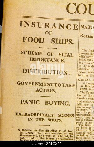 „Versicherung von Lebensmittelschiffen“ berichtet am 5. August 1914 in der Tageszeitung Daily News & Reader, dass die Regierung Maßnahmen zur Kontrolle der Lebensmittelverteilung ergreift. Stockfoto