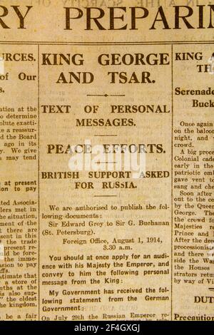 „King George and Zar“-Schlagzeile in der Tageszeitung Daily News & Reader am 5. August 1914. Stockfoto
