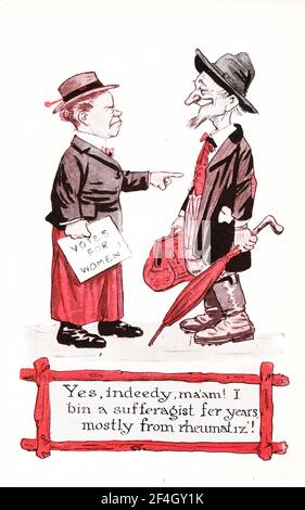 Postkarte aus der Wahlrechtszeit, die einen naiven Mann aus dem Land zeigt und einem militanten Suffragen sagt: "Ja, indeedisch, ma'am! Ich bin ein Sufferagist Fer Jahre, meist von Rheumatiz!' Gedruckt in den USA, 1900. Fotografie von Emilia van Beugen. () Stockfoto