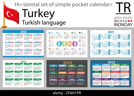 Türkische horizontale Taschenkalender für 2022 (zweitausend zweiundzwanzig). Woche beginnt Montag. Neues Jahr. Farbe einfaches Design. Vektor Stock Vektor