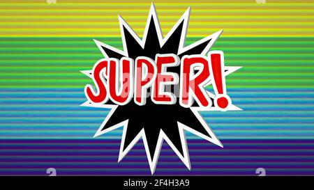 Super Comic Pop Art Text vor buntem Hintergrund Stockfoto