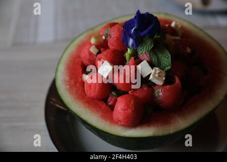 Wassermelone-Salat mit Käse, Dessert-Essen Stockfoto