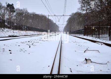 Bahngleise bei Schneefall in den Niederlanden. Bahngleise mit Schnee bedeckt in einer Schneedusche in der Nähe von Amersfoort, Niederlande. Eisiger Regen und Stockfoto