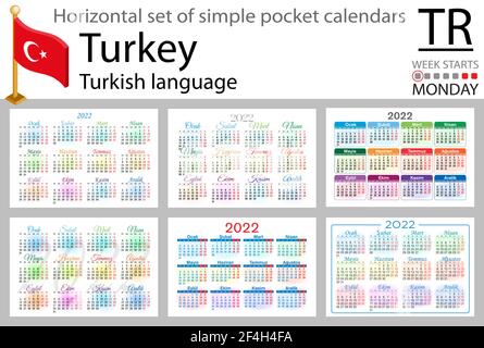 Türkische horizontale Taschenkalender für 2022 (zweitausend zweiundzwanzig). Woche beginnt Montag. Neues Jahr. Farbe einfaches Design. Vektor Stock Vektor