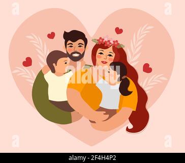 Familientag. Glücklicher internationaler Tag der Familien. Nettes Paar mit Kindern, Vater und Mutter umarmen Kinder mit Liebe. Vektorgrafik Stock Vektor