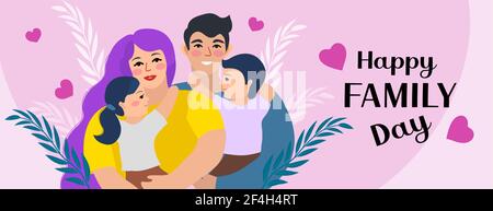 Familientag. Glücklicher internationaler Tag der Familien. Nettes Paar mit Kindern, Vater und Mutter umarmen Kinder mit Liebe. Vektorgrafik Stock Vektor
