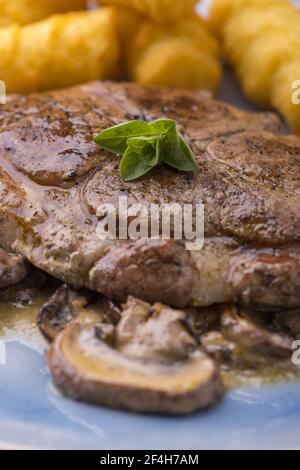 Nahaufnahme eines Schweinesteaks auf Pilzsauce Stockfoto