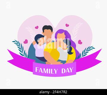 Familientag. Glücklicher internationaler Tag der Familien. Nettes Paar mit Kindern, Vater und Mutter umarmen Kinder mit Liebe. Vektorgrafik Stock Vektor