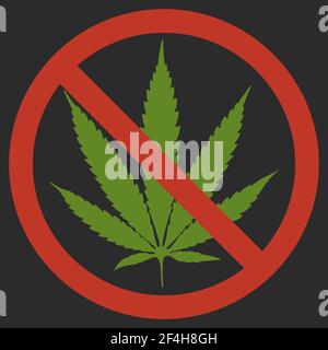 Verbotenes Zeichen Marihuana Blatt Glyphe Symbol. Stop Silhouette Symbol. Kein Cannabis. Negatives Leerzeichen. Vektor isolierte Illustration Schwarzer Hintergrund, roter Kreis Stock Vektor