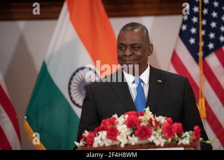 Neu Delhi, Indien. März 2021, 20th. US-Verteidigungsminister Lloyd J. Austin III bei einer Pressekonferenz am 20. März 2021 in Neu-Delhi, Indien. Quelle: Planetpix/Alamy Live News Stockfoto